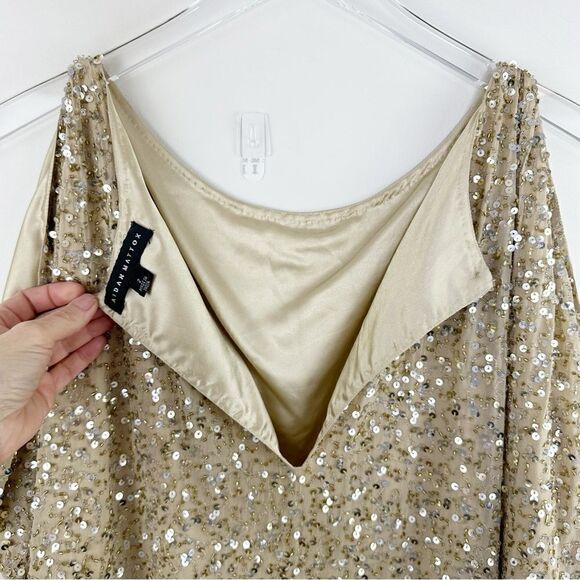 Aidan Mattox Silk Dress Gold Beaded Sequin Cold Shoulder Mini Cocktail Prom Sz 2 - Picture 7 of 15